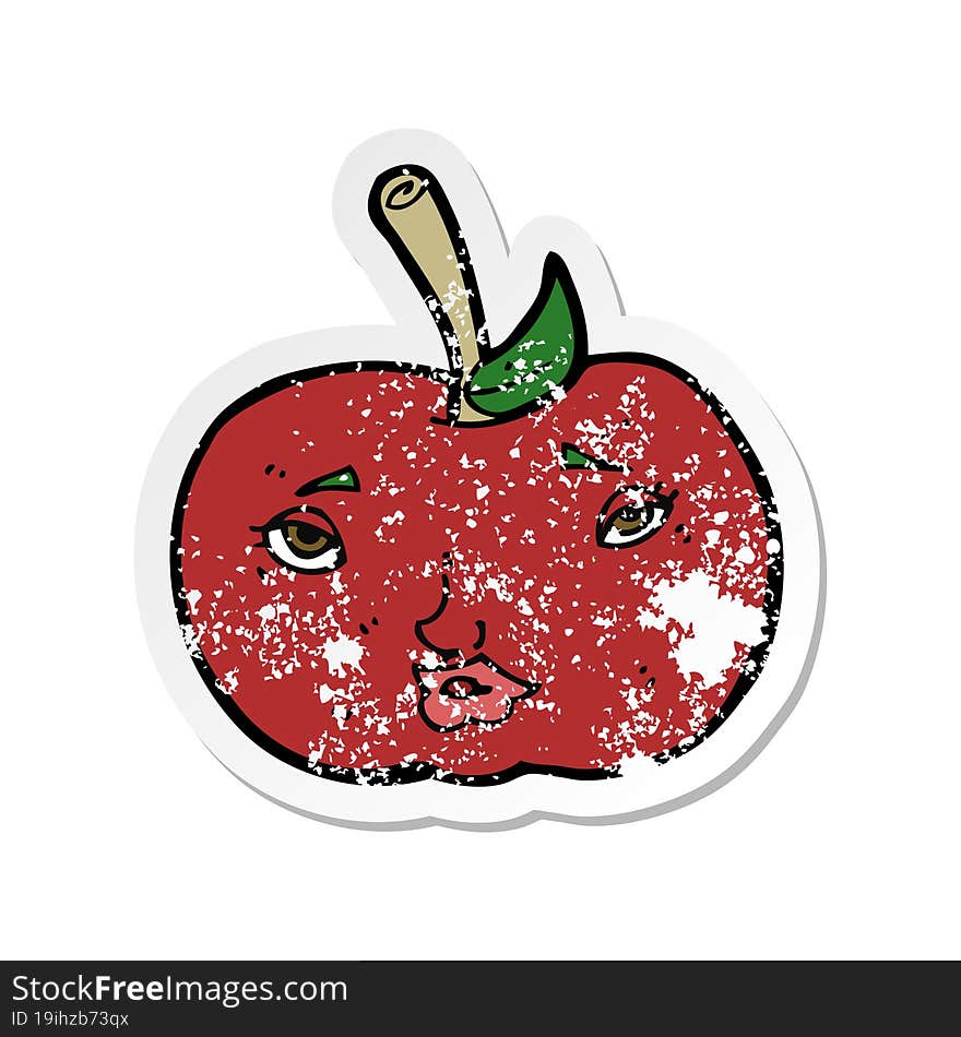 retro distressed sticker of a cartoon apple with face