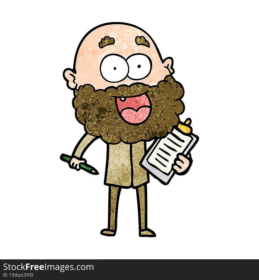 cartoon crazy happy man with beard and clip board for notes. cartoon crazy happy man with beard and clip board for notes