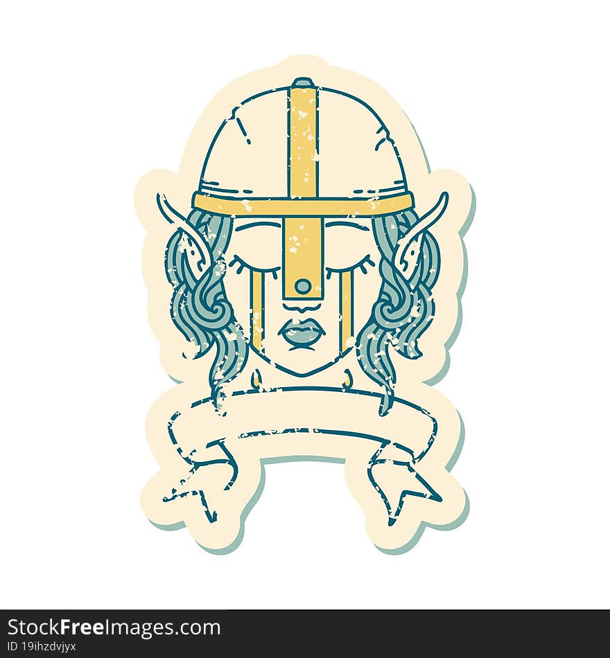 Retro Tattoo Style crying elf fighter character face with banner. Retro Tattoo Style crying elf fighter character face with banner