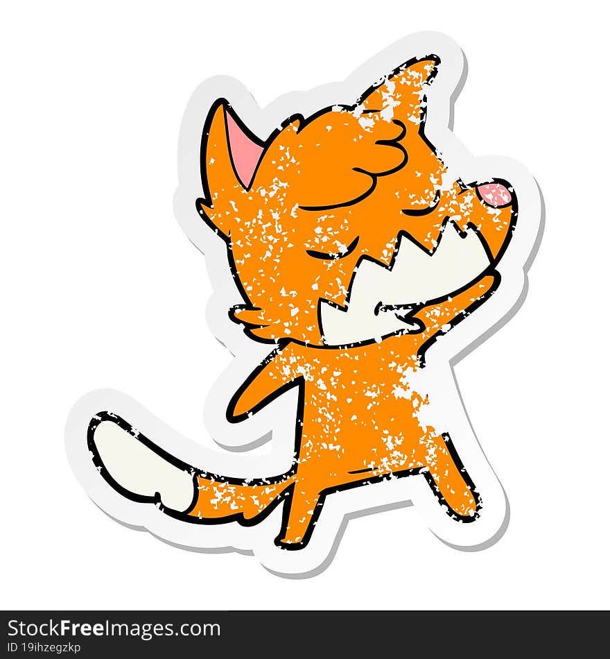 distressed sticker of a friendly cartoon fox