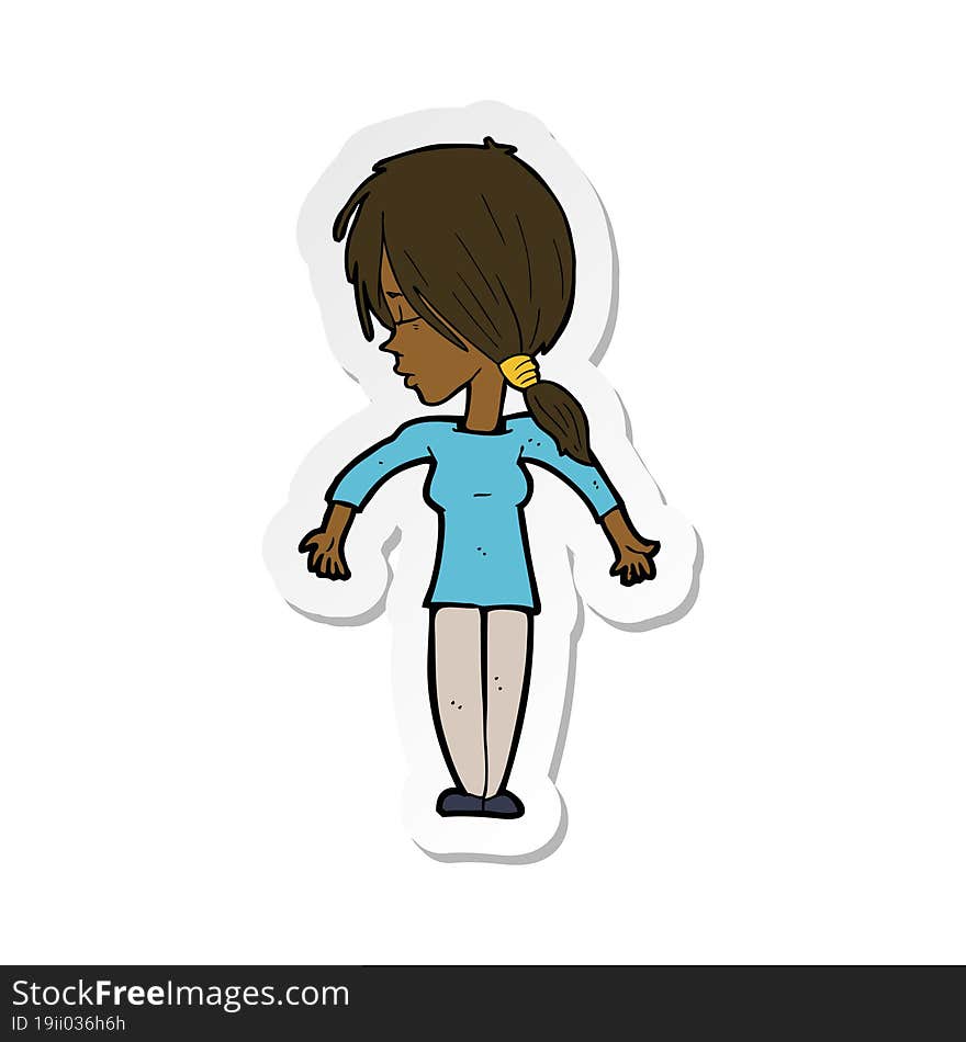 sticker of a cartoon woman shrugging shoulders