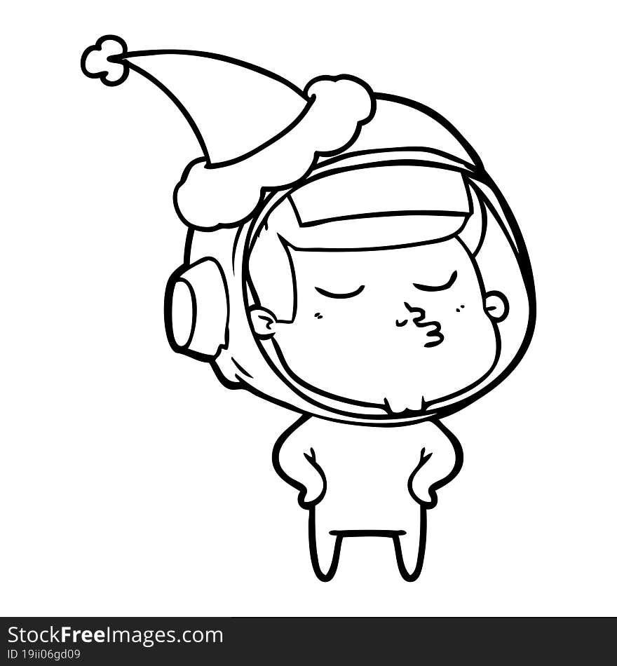 hand drawn line drawing of a confident astronaut wearing santa hat