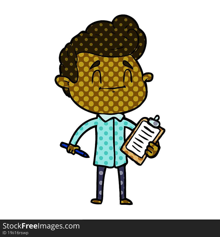 happy cartoon man with pen and clipboard. happy cartoon man with pen and clipboard