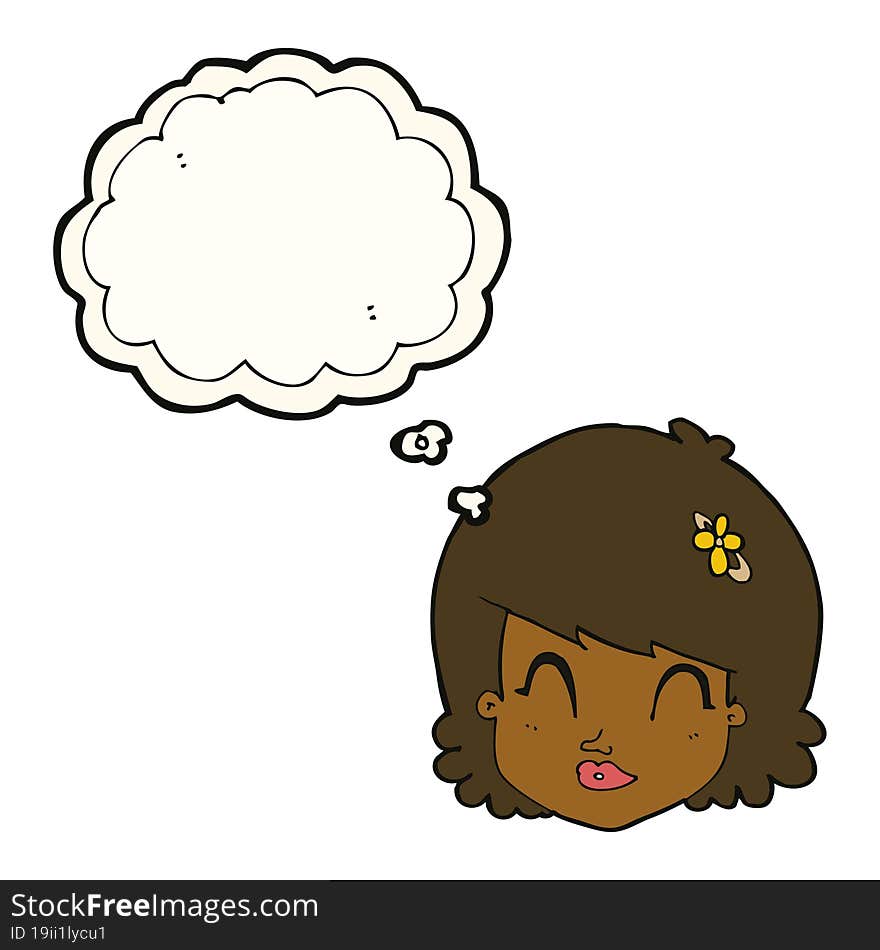 cartoon happy female face with thought bubble