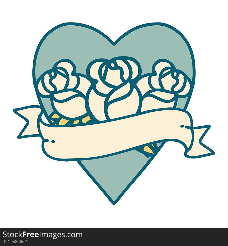 Tattoo Style Icon Of A Heart And Banner With Flowers