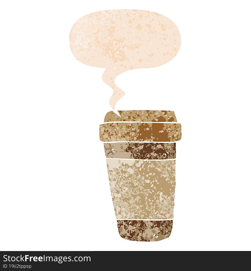 cartoon coffee cup and speech bubble in retro textured style