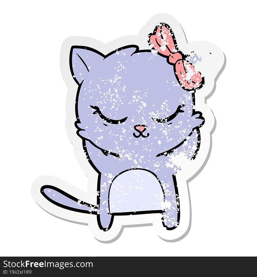 distressed sticker of a cute cartoon cat with bow