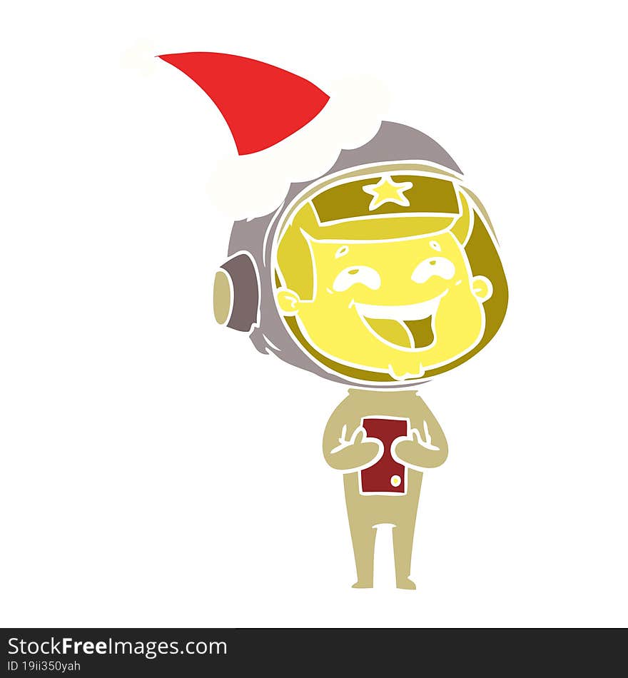 flat color illustration of a laughing astronaut wearing santa hat