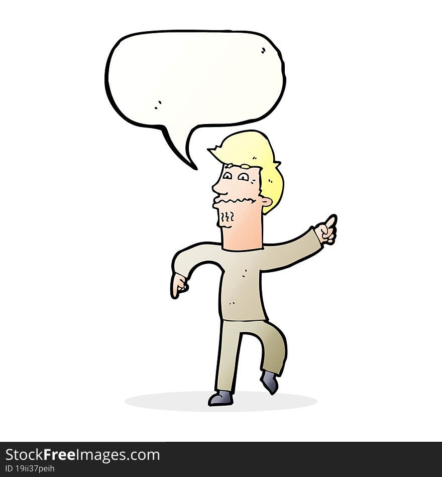 cartoon worried man pointing with speech bubble