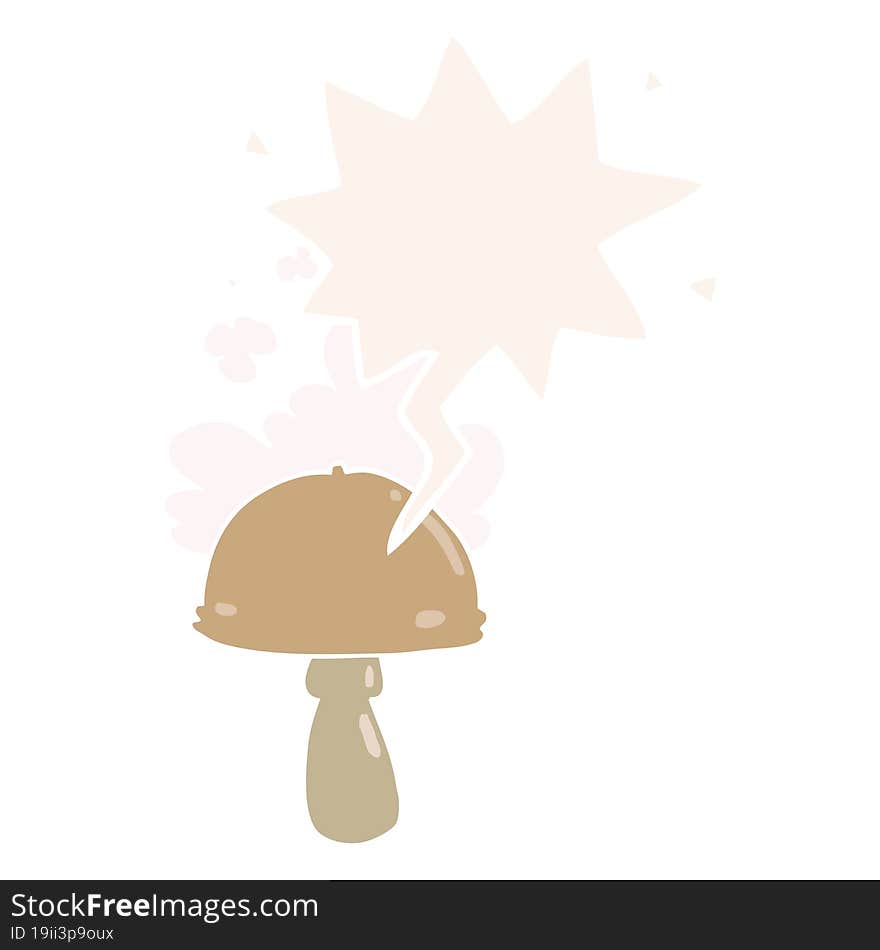 cartoon mushroom and spore cloud and speech bubble in retro style