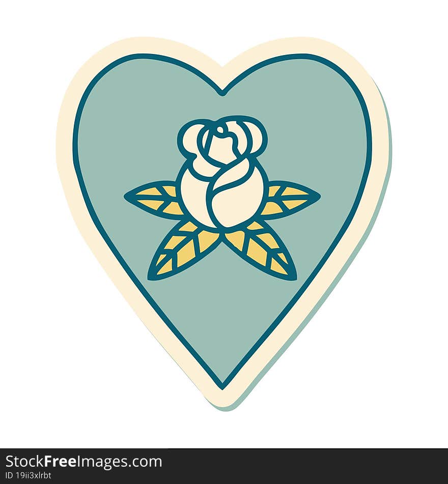 sticker of tattoo in traditional style of a heart and flowers. sticker of tattoo in traditional style of a heart and flowers