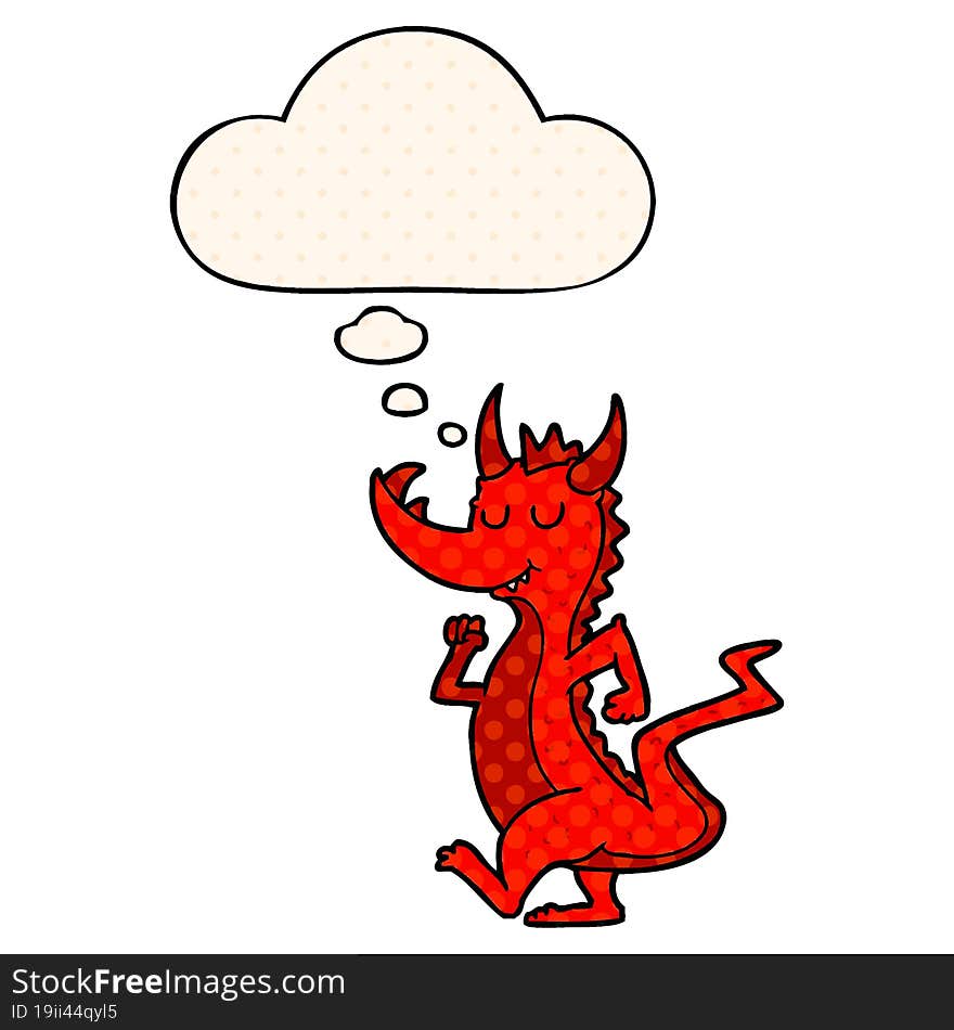 cartoon cute dragon with thought bubble in comic book style