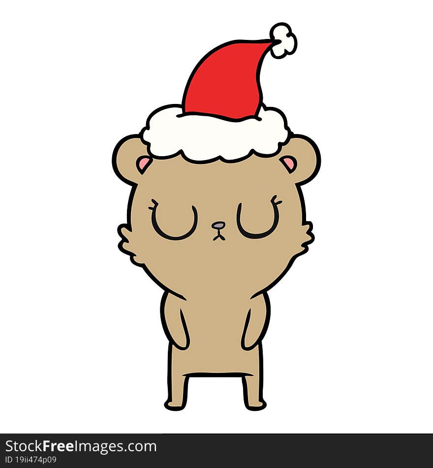 peaceful line drawing of a bear wearing santa hat