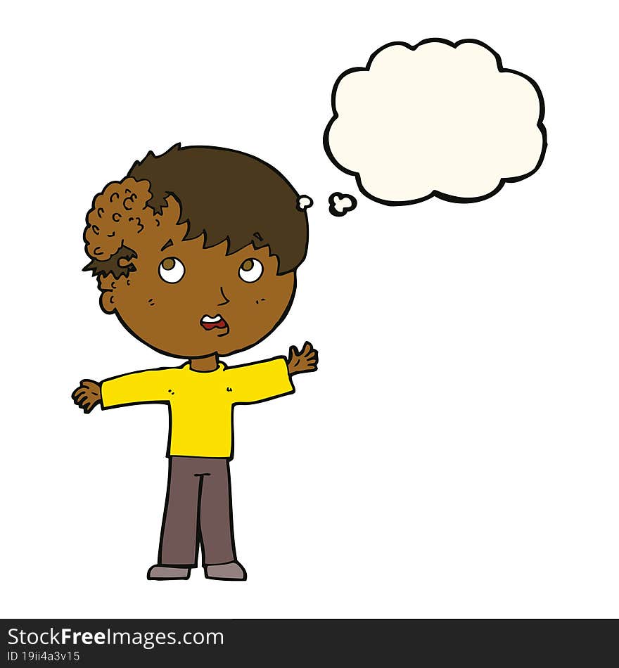 cartoon boy with growth on head with thought bubble