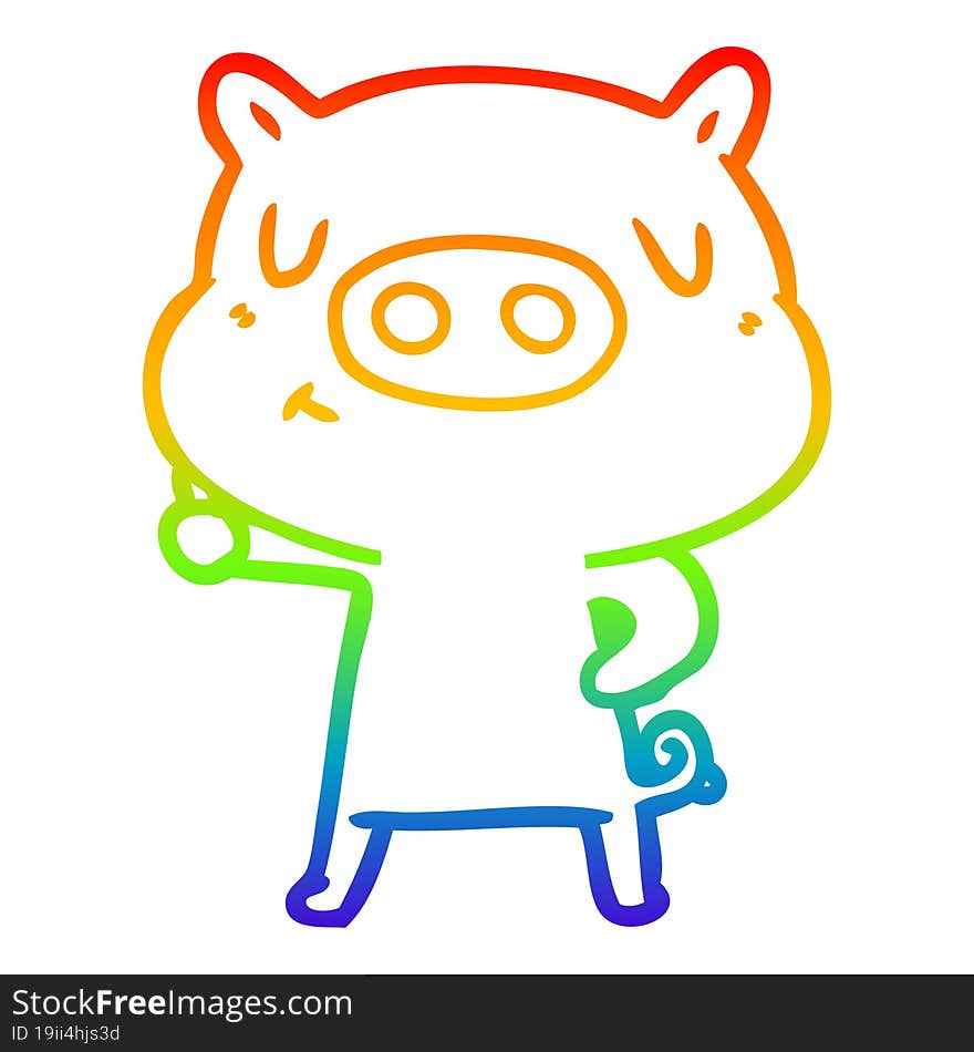 rainbow gradient line drawing of a cartoon content pig