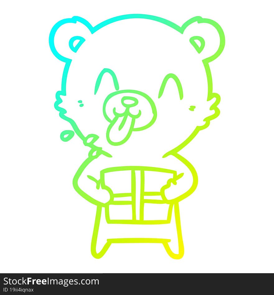 cold gradient line drawing of a rude cartoon polar bear sticking out tongue with present