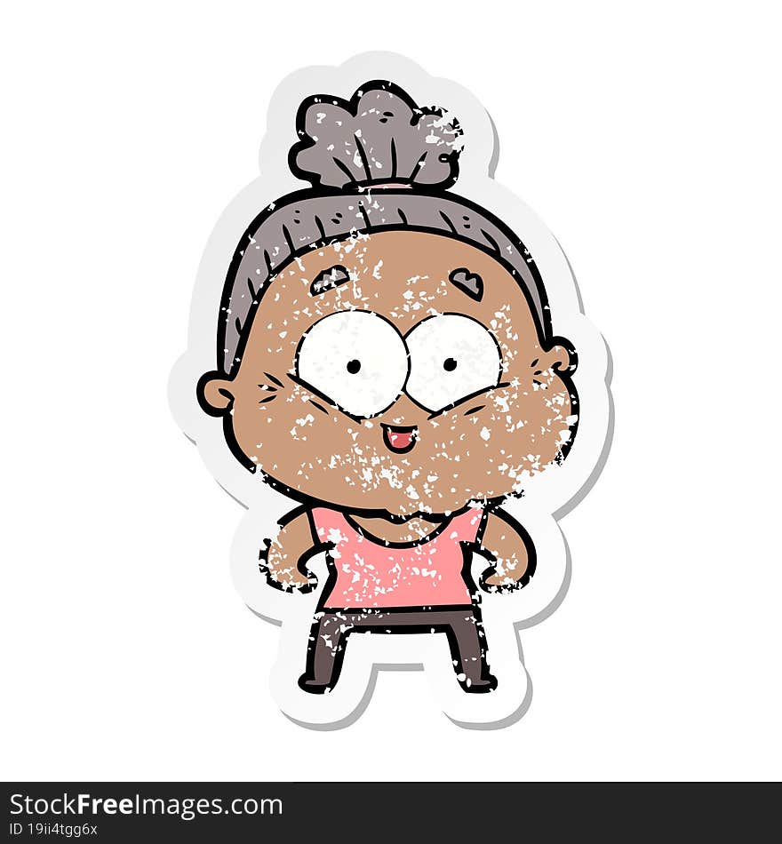 Distressed Sticker Of A Cartoon Happy Old Woman