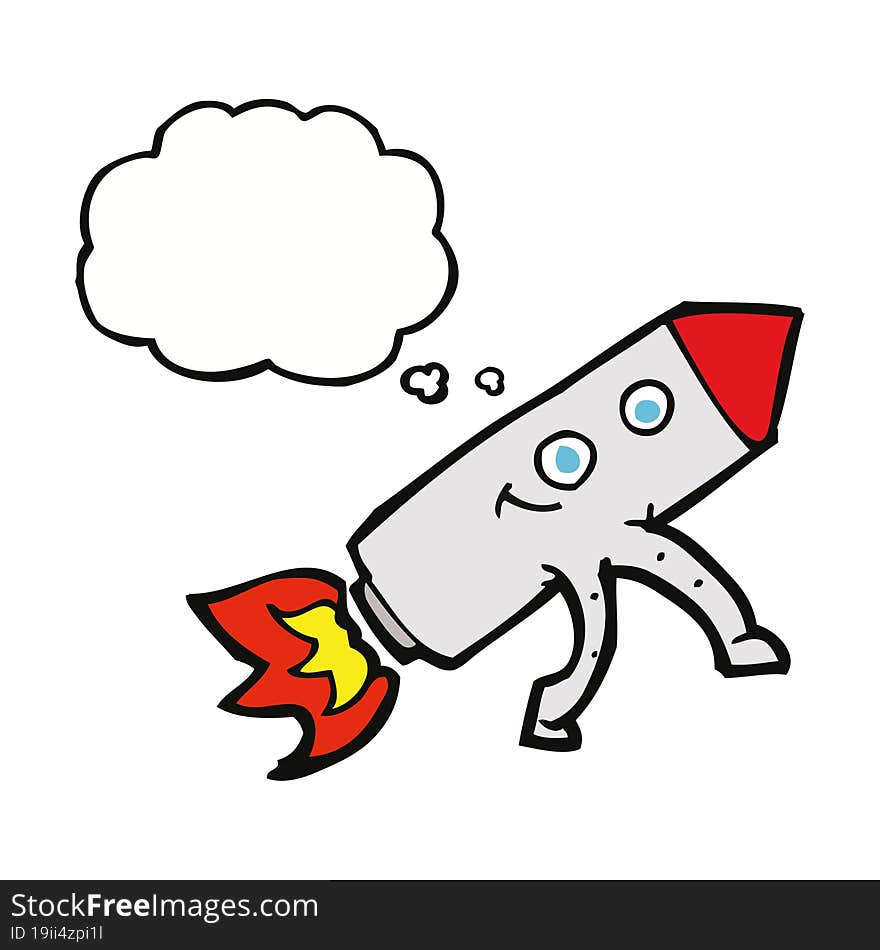 cartoon happy rocket with thought bubble