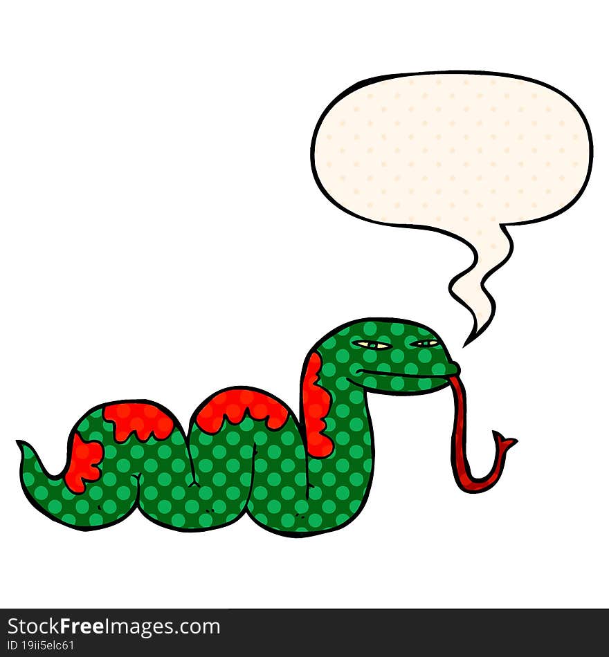 cartoon slithering snake and speech bubble in comic book style