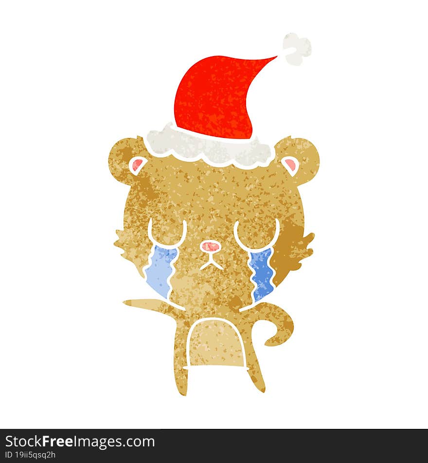 crying retro cartoon of a bear wearing santa hat