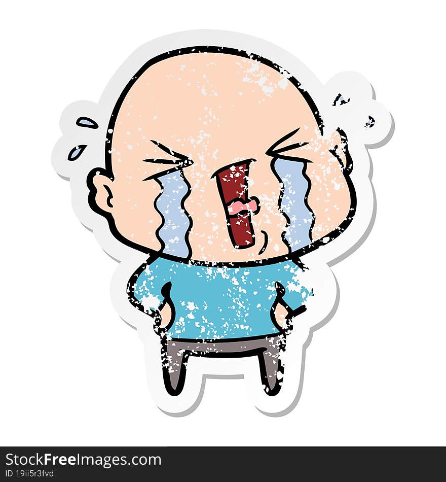 distressed sticker of a cartoon crying bald man