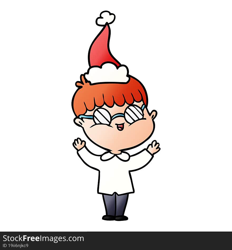 gradient cartoon of a boy wearing spectacles wearing santa hat