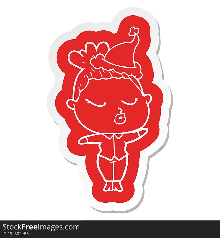 cartoon  sticker of a calm woman wearing santa hat