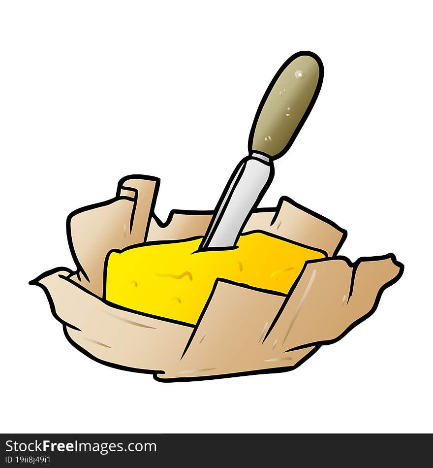 cartoon traditional pat of butter with knife. cartoon traditional pat of butter with knife