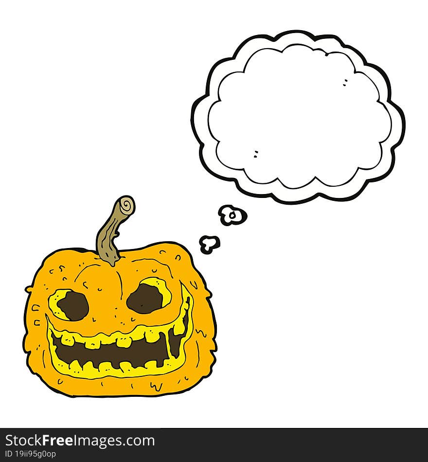 cartoon spooky pumpkin with thought bubble