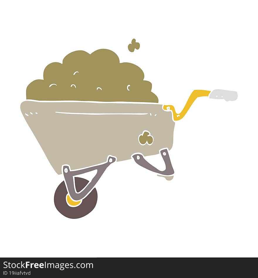 flat color illustration of a cartoon wheelbarrow full of dirt