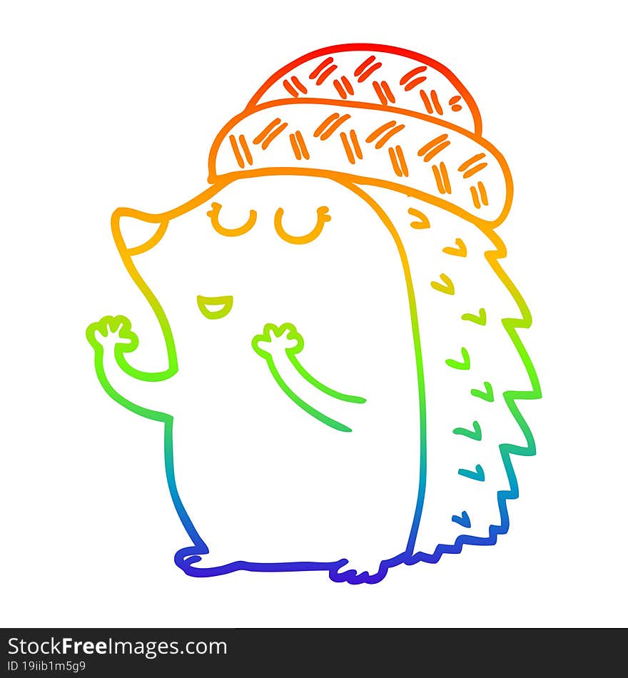 rainbow gradient line drawing cartoon hedgehog wearing hat