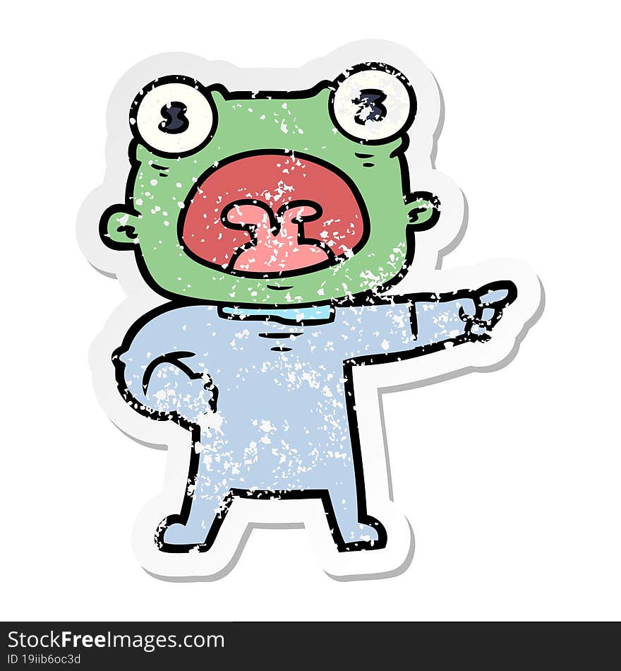 distressed sticker of a cartoon weird alien shouting