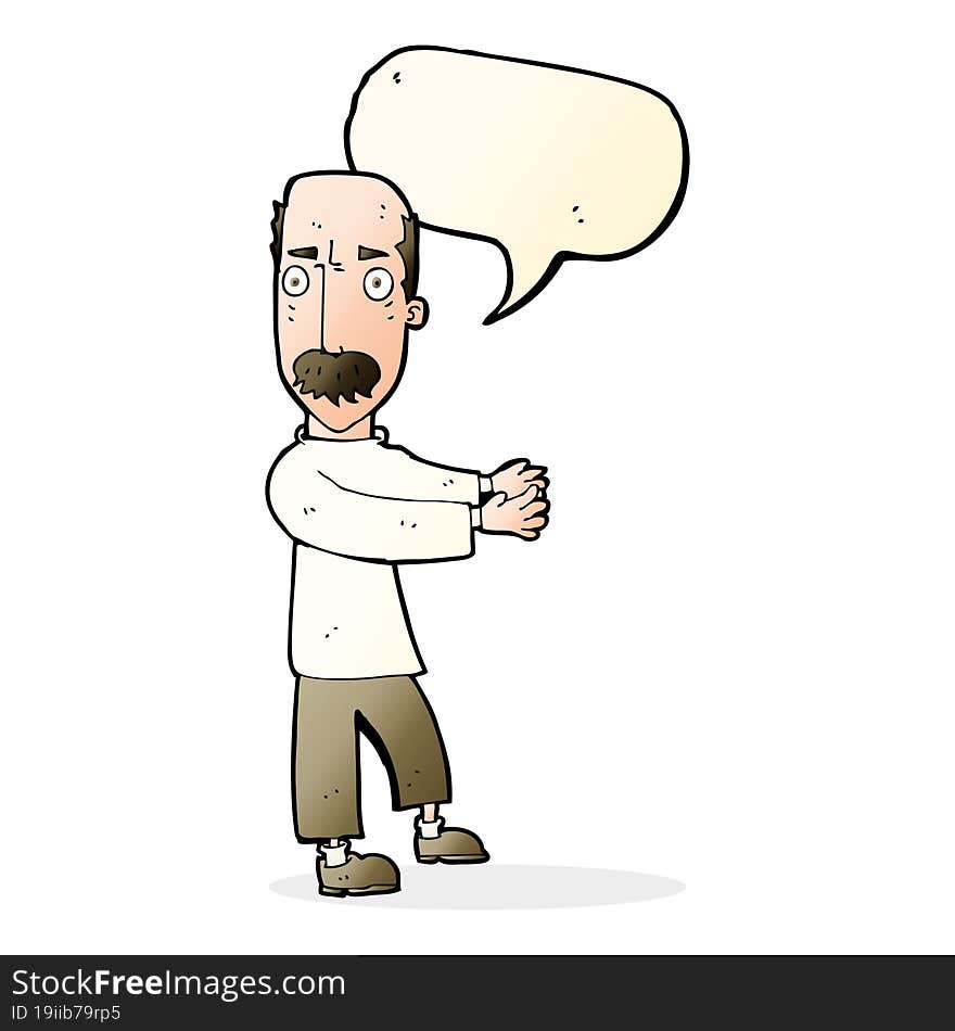 cartoon balding man explaining with speech bubble