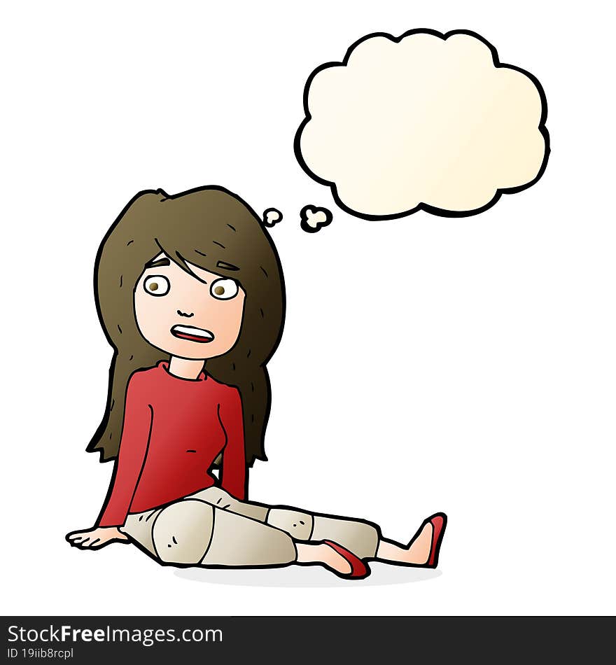 cartoon girl sitting on floor with thought bubble