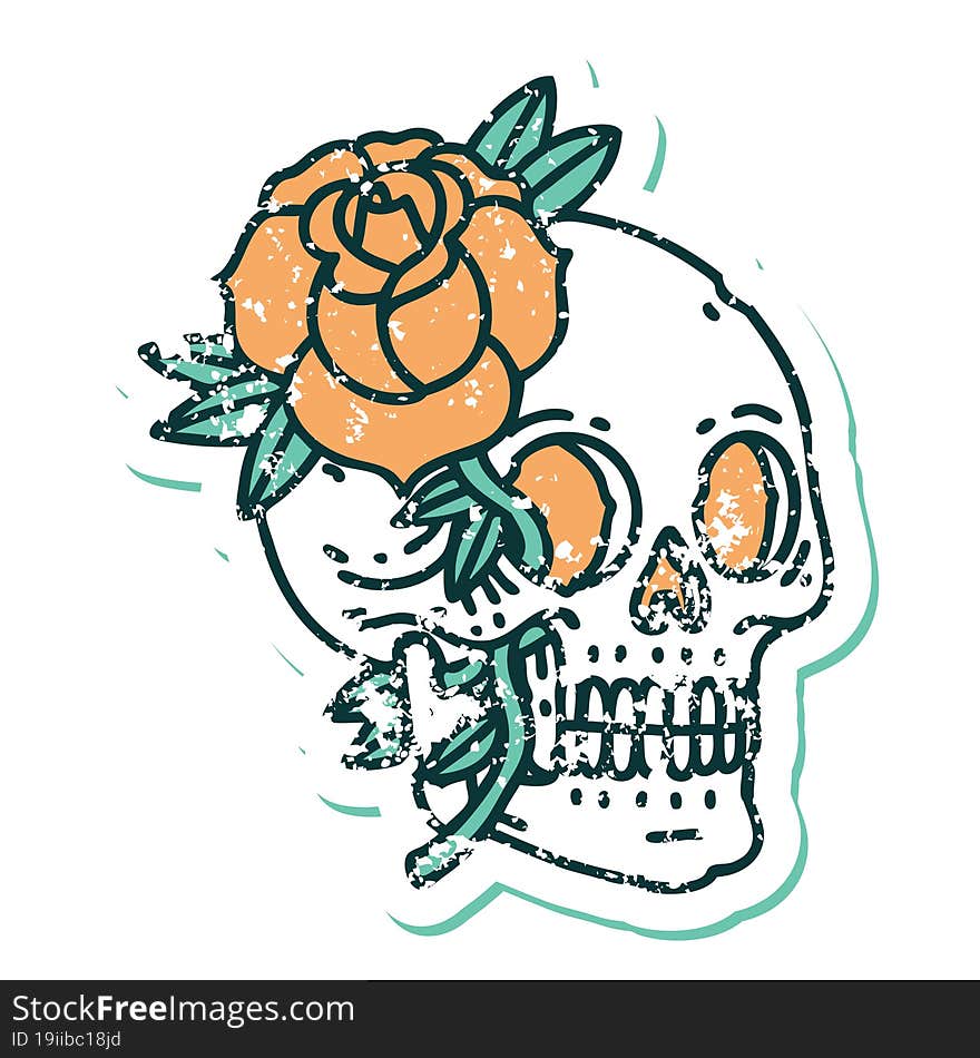 iconic distressed sticker tattoo style image of a skull and rose. iconic distressed sticker tattoo style image of a skull and rose