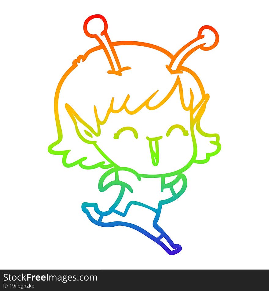 rainbow gradient line drawing of a cartoon alien girl laughing