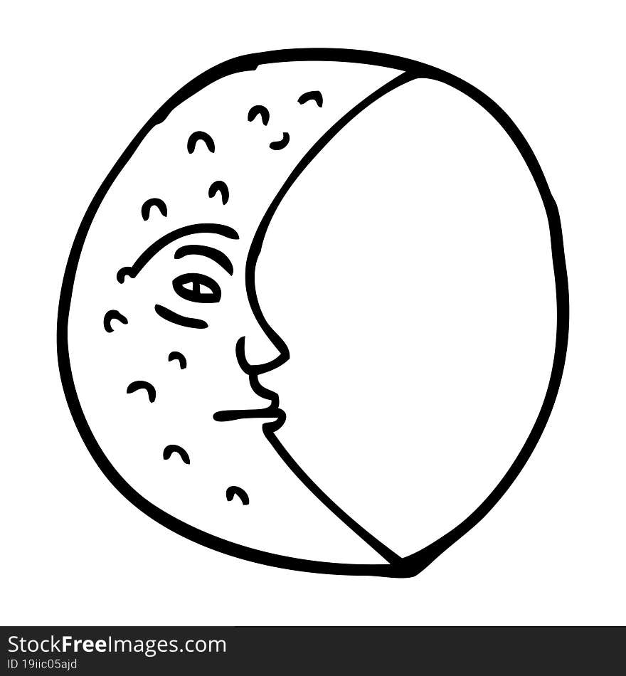 line drawing cartoon crescent moon with face