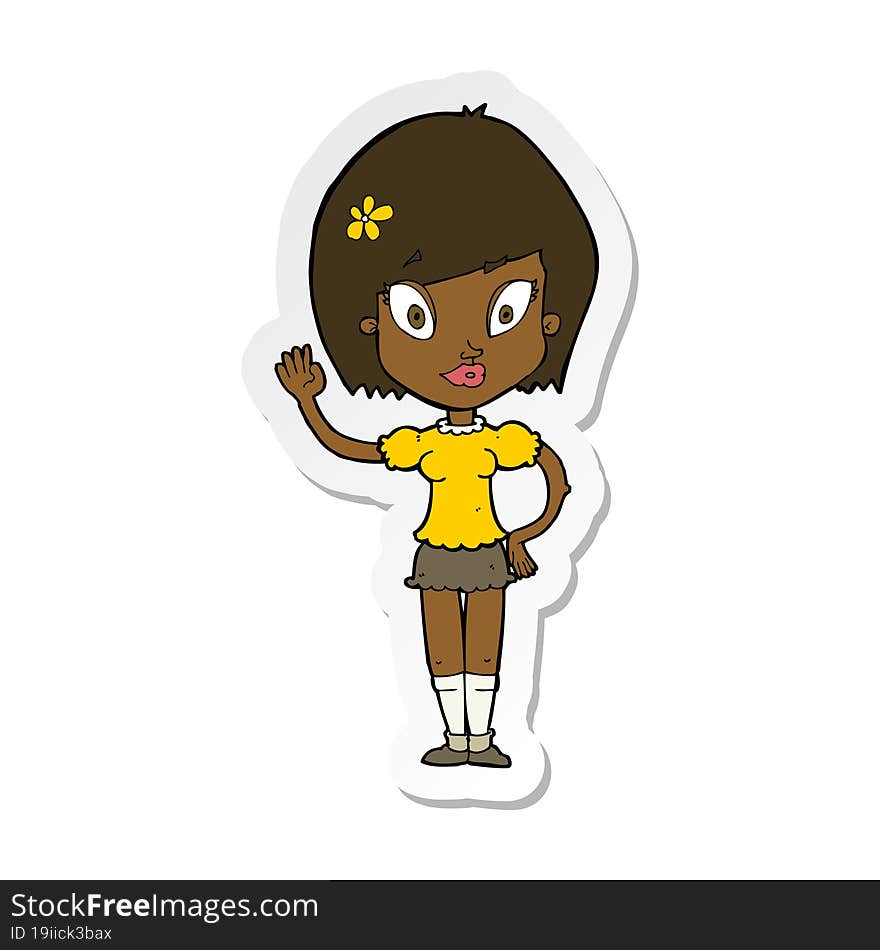 sticker of a cartoon pretty girl waving