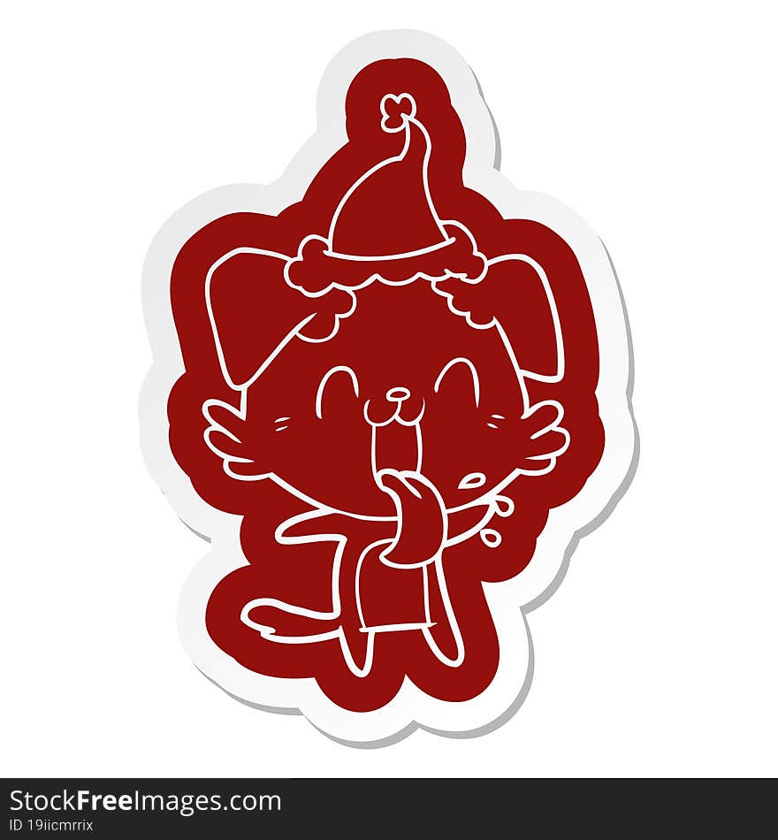 cartoon  sticker of a panting dog wearing santa hat