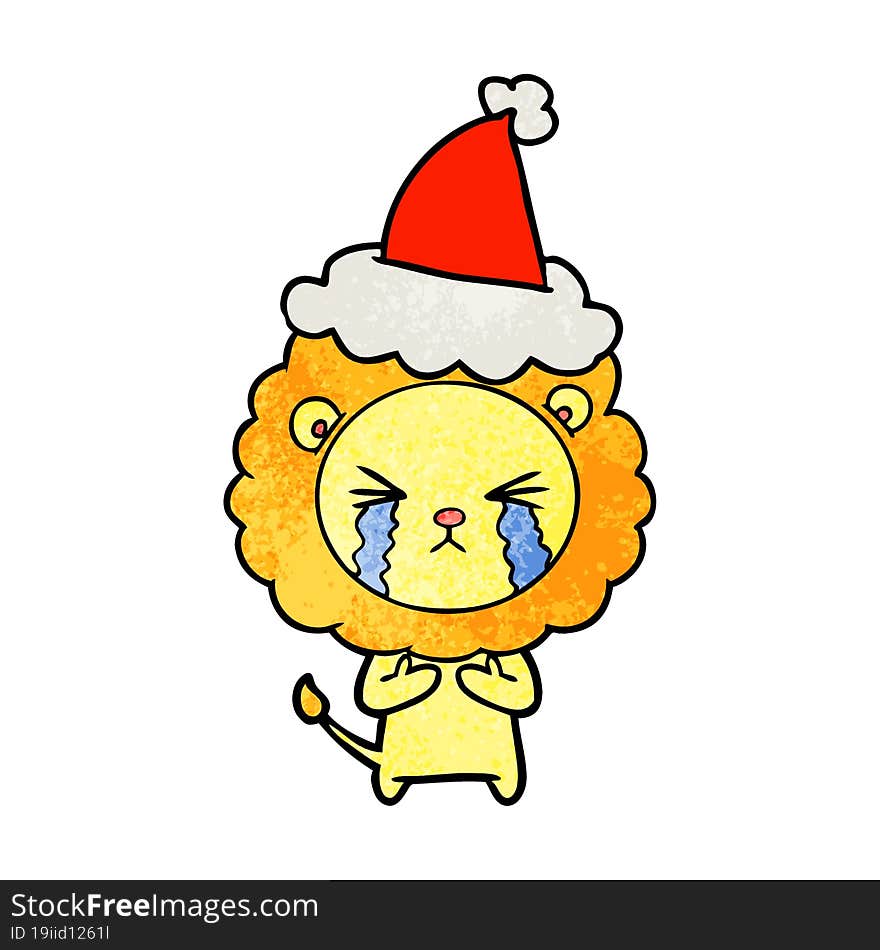 textured cartoon of a crying lion wearing santa hat