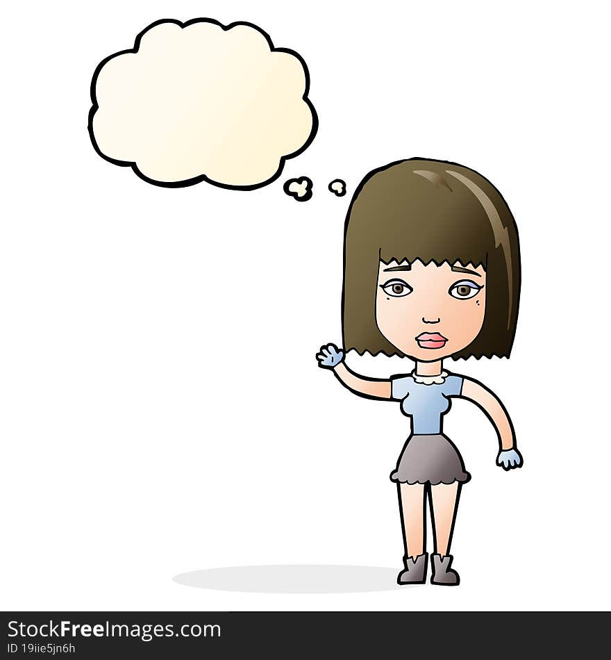 cartoon waving woman with thought bubble