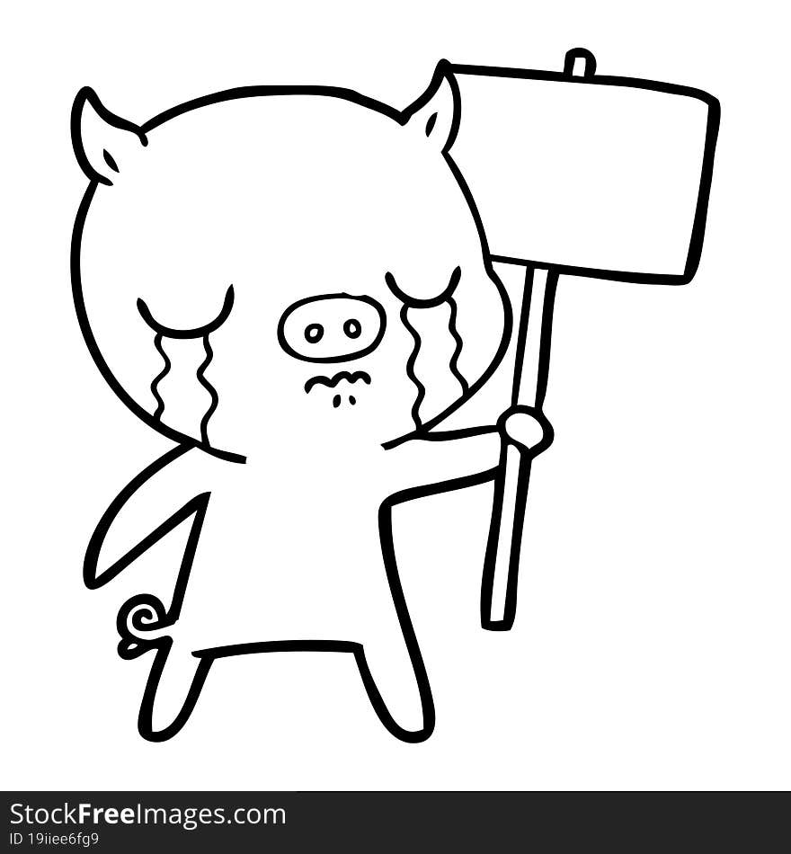 cartoon crying pig with sign post. cartoon crying pig with sign post