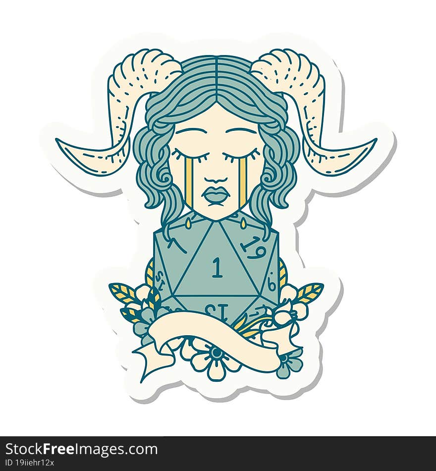 sticker of a crying tiefling with natural one D20 roll. sticker of a crying tiefling with natural one D20 roll