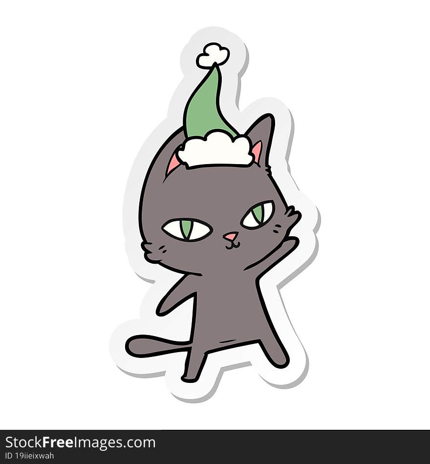 Sticker Cartoon Of A Cat Staring Wearing Santa Hat