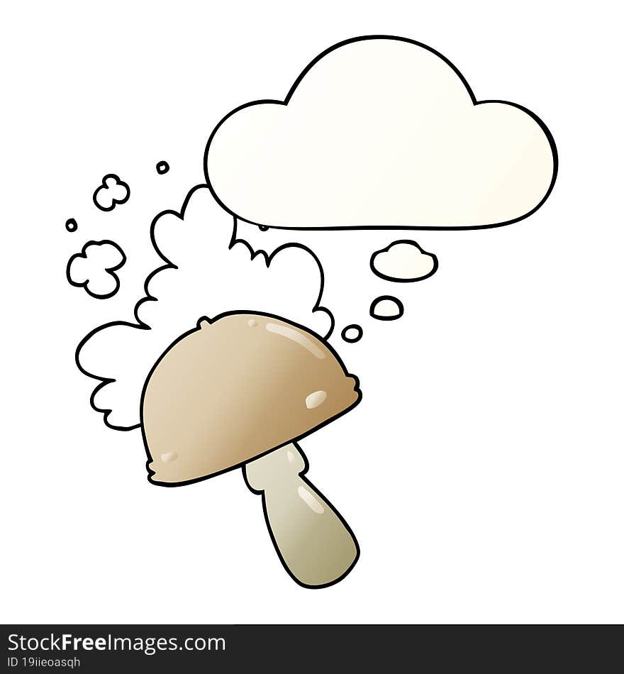 cartoon mushroom with spore cloud with thought bubble in smooth gradient style