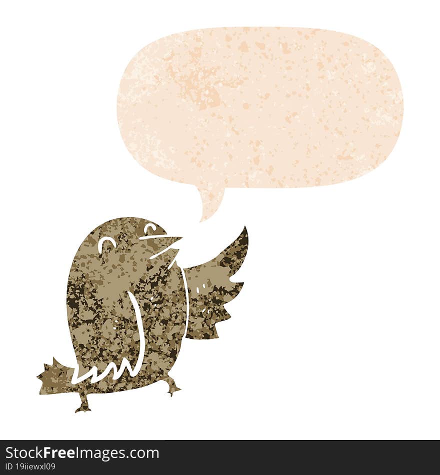 cartoon bird with speech bubble in grunge distressed retro textured style. cartoon bird with speech bubble in grunge distressed retro textured style