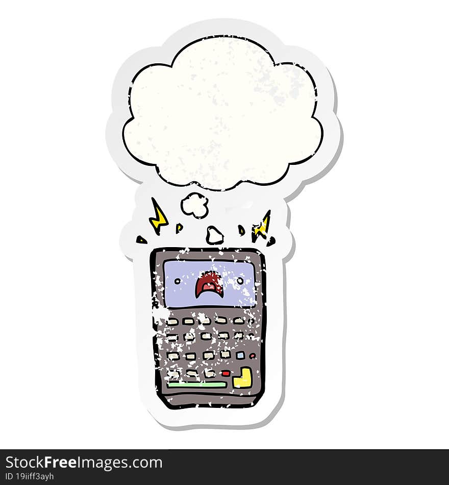 cartoon calculator with thought bubble as a distressed worn sticker