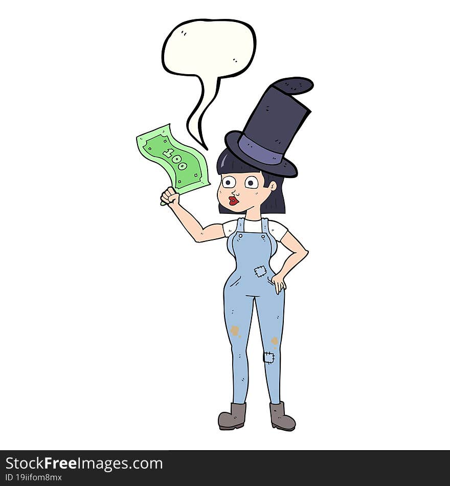 freehand drawn speech bubble cartoon woman holding on to money