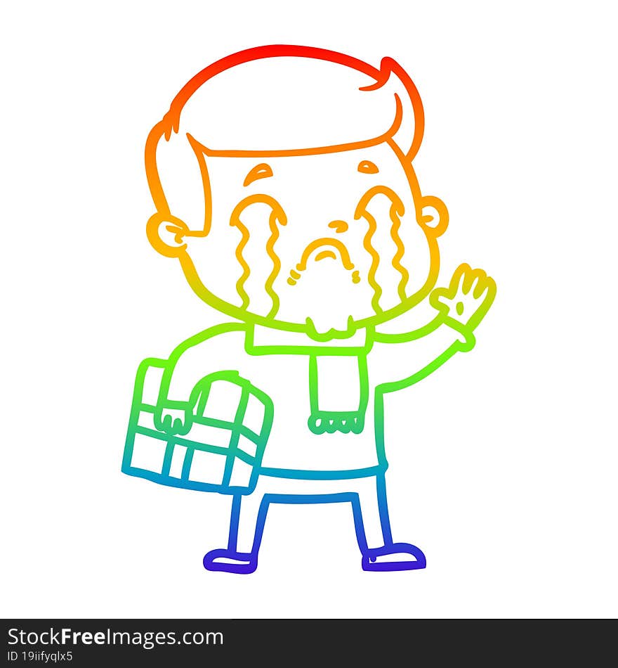 rainbow gradient line drawing of a cartoon man crying