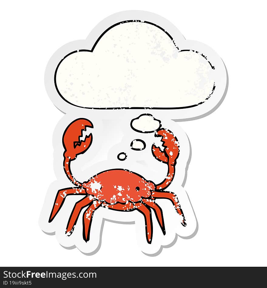 cartoon crab and thought bubble as a distressed worn sticker